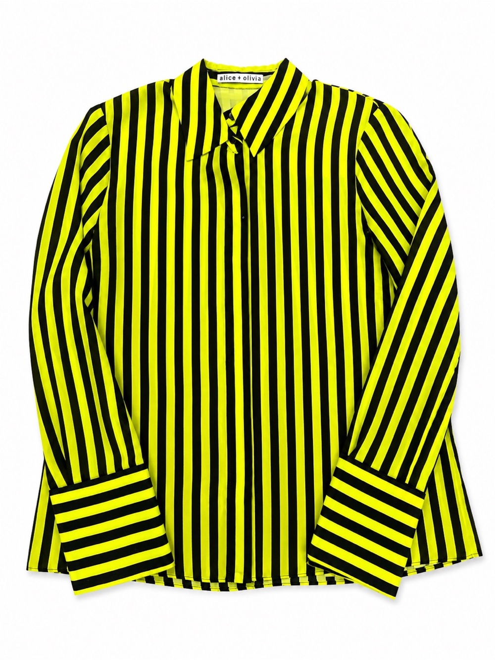 Alice + Olivia Neon Yellow and Black Vertical Stripe Button-Down Shirt